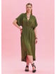 V Neck Pleated Detailed Khaki Casual Dress 4531